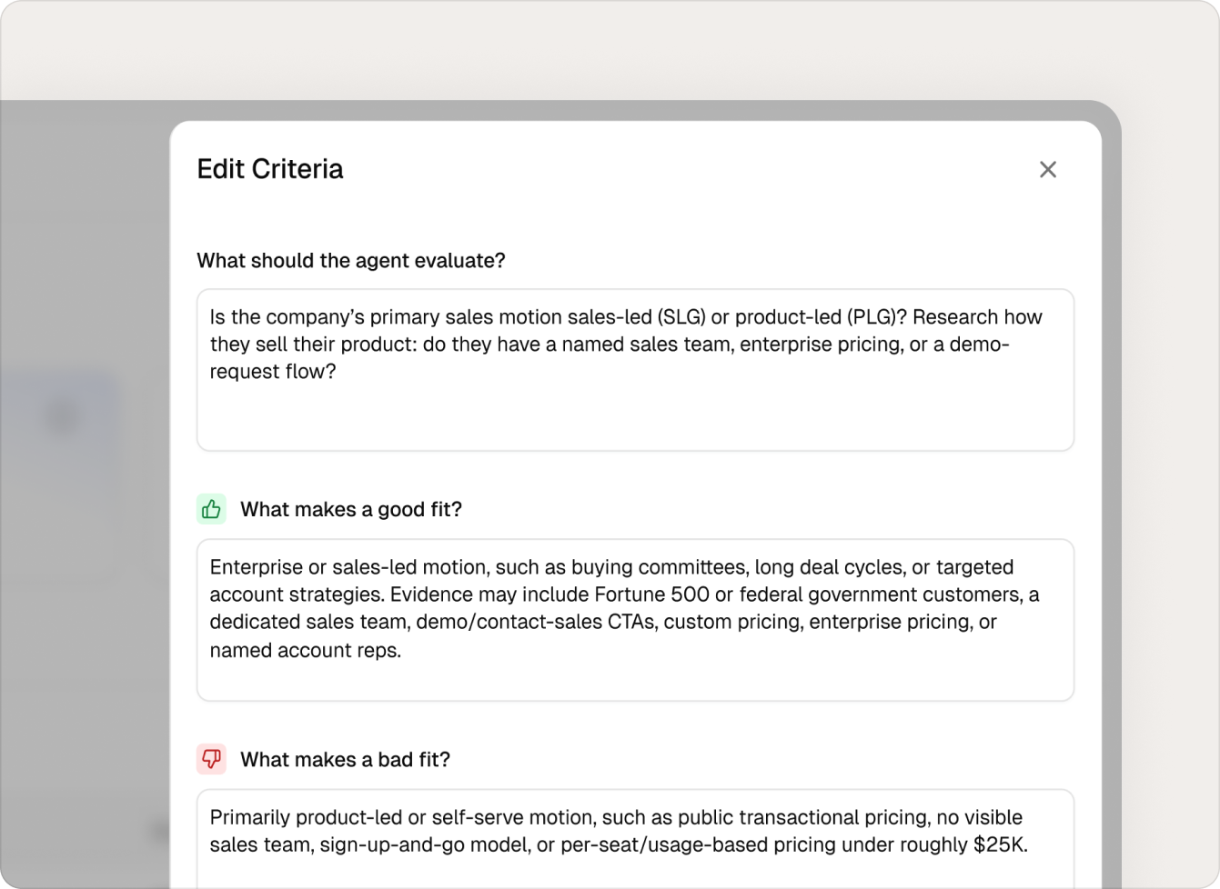 Fit Score criteria editor with evaluation, good-fit, and bad-fit inputs