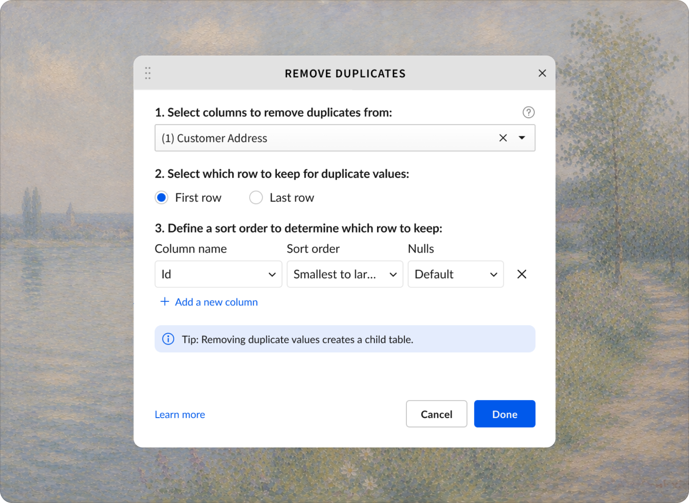 The Remove Duplicates workflow in Sigma