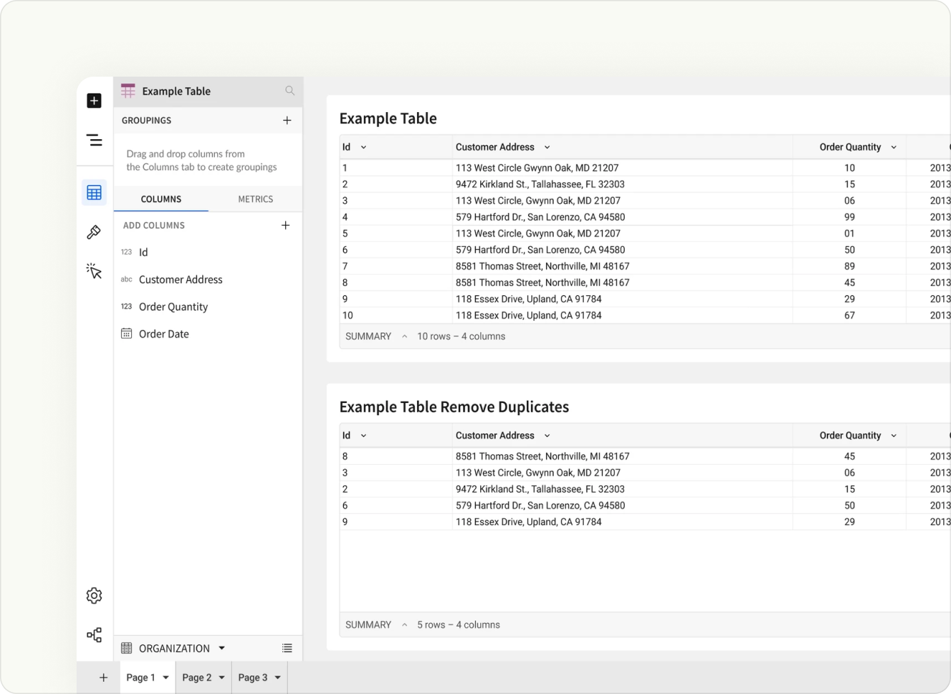 Workbook tables showing duplicate rows removed